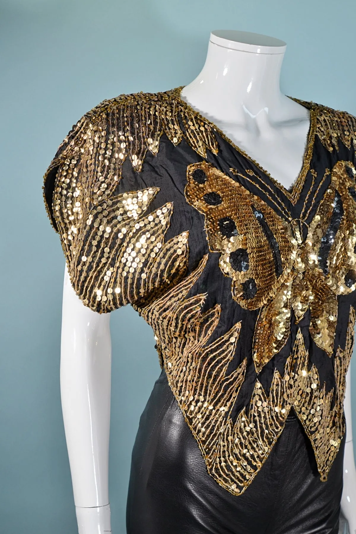 SOLD Vintage 70s Sequin Butterfly Top, Gold Boho Disco Art Deco Sparkle Top S