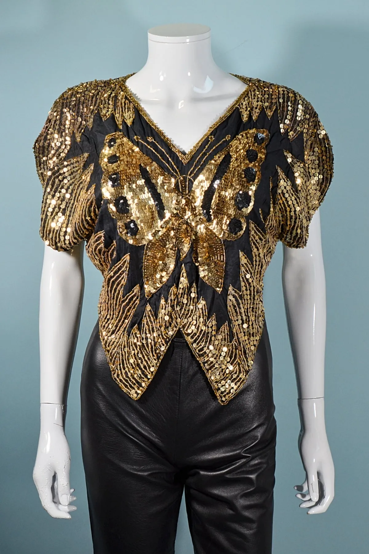 SOLD Vintage 70s Sequin Butterfly Top, Gold Boho Disco Art Deco Sparkle Top S