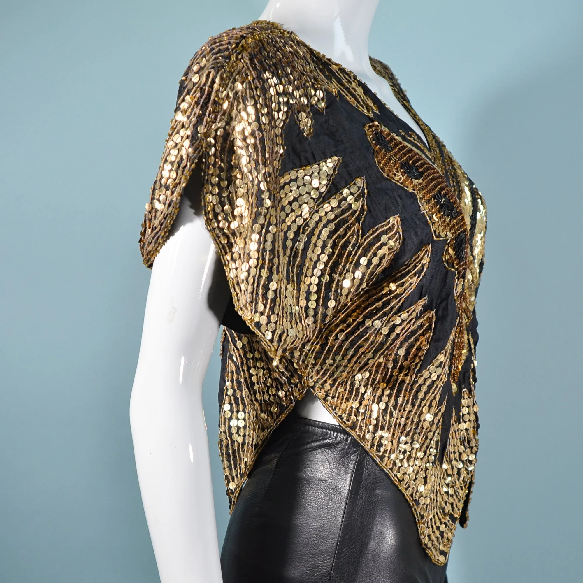 SOLD Vintage 70s Sequin Butterfly Top, Gold Boho Disco Art Deco Sparkle Top S