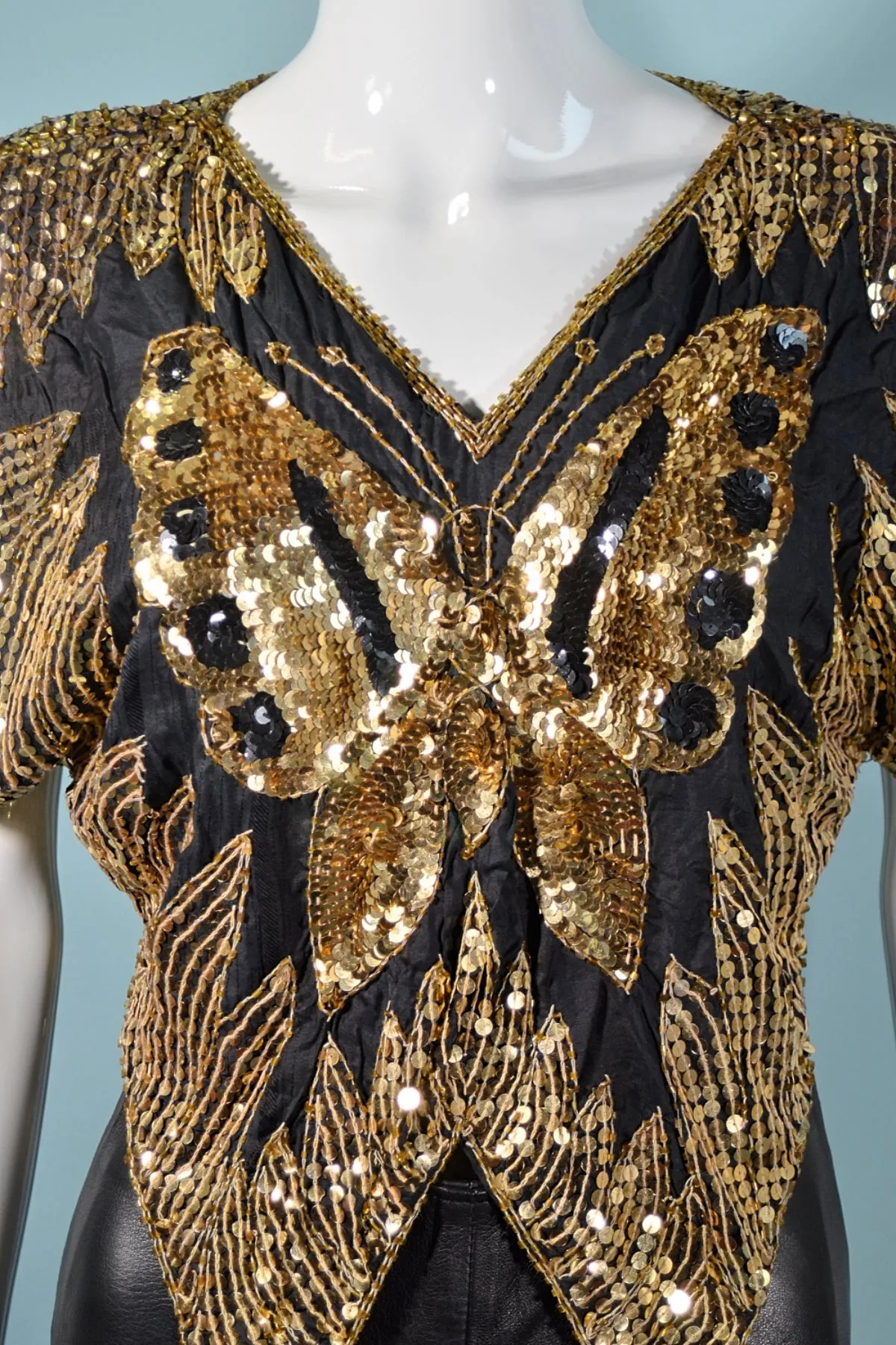 SOLD Vintage 70s Sequin Butterfly Top, Gold Boho Disco Art Deco Sparkle Top S