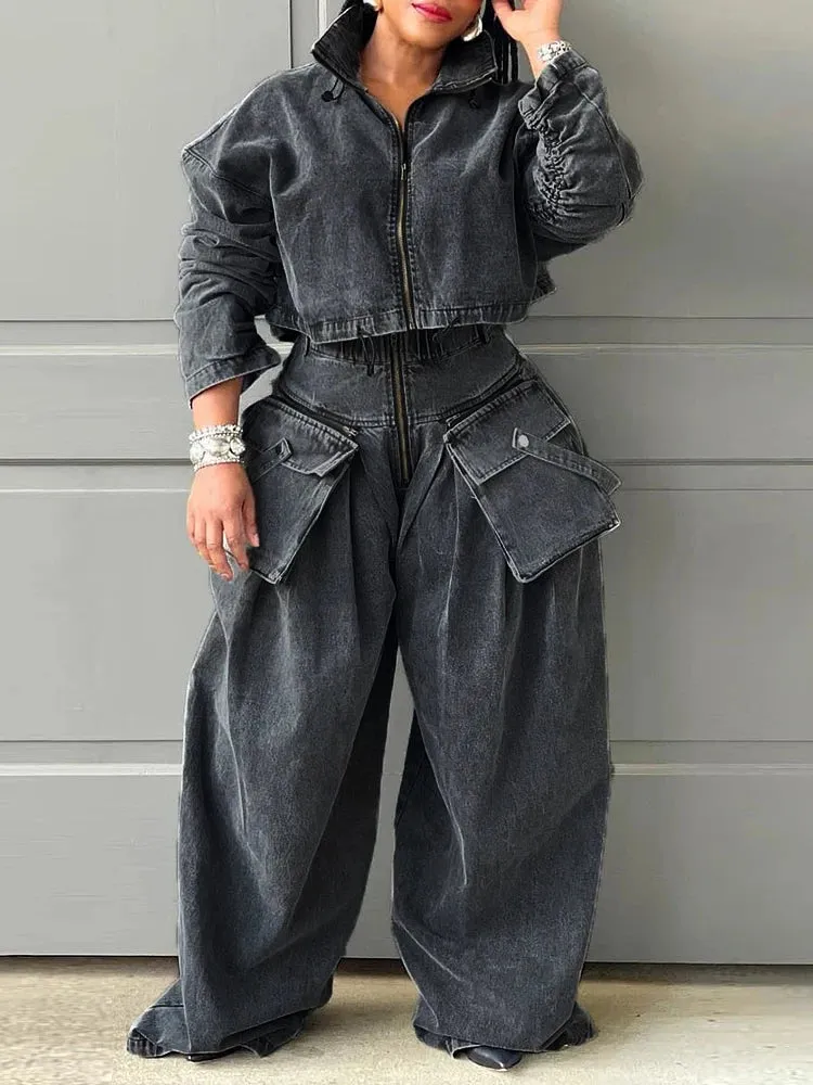 Solid Two Piece Set For Women Turtleneck Long Sleeve Short Top High Waist Spliced Pockets Wide Leg Pants Casual Sets Famale