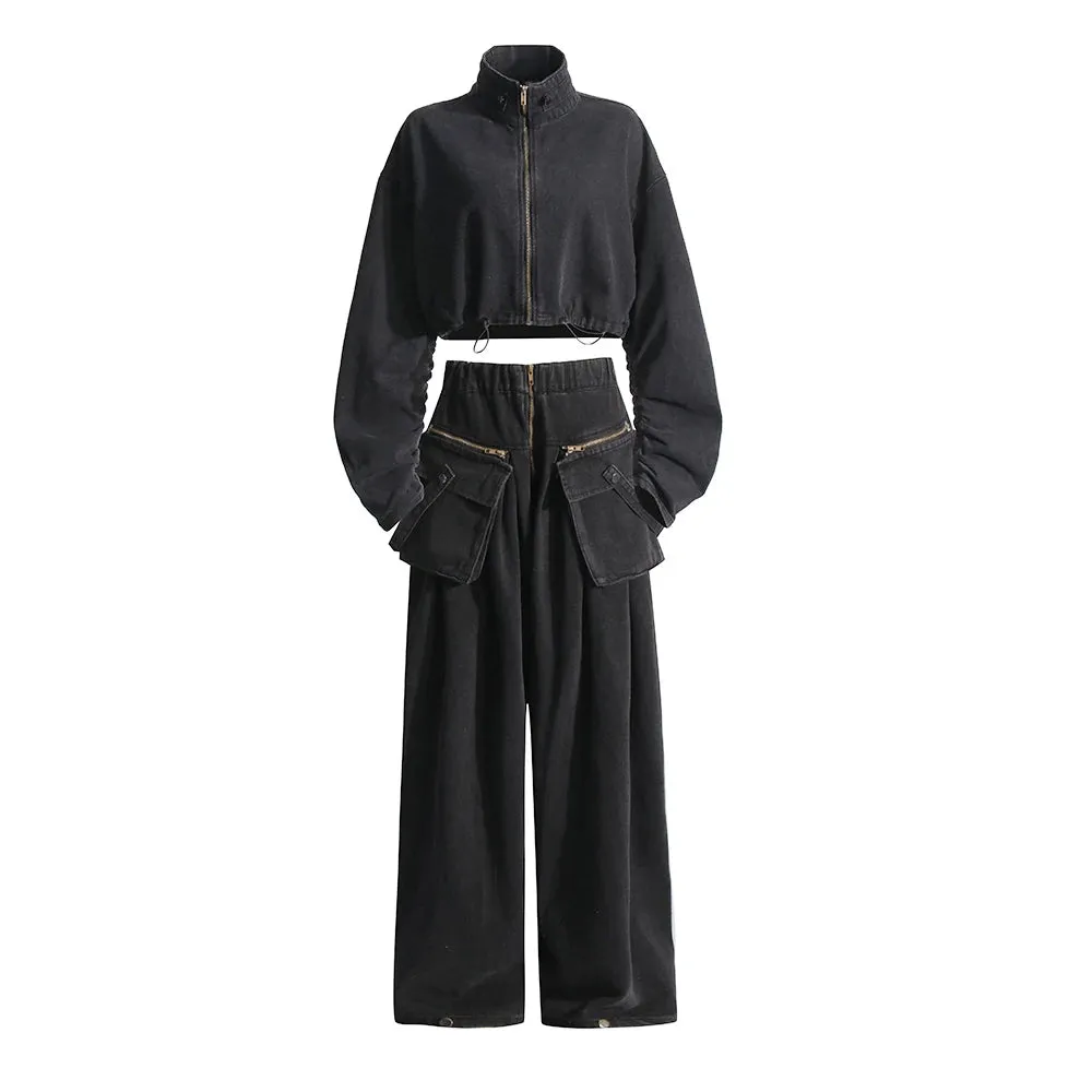 Solid Two Piece Set For Women Turtleneck Long Sleeve Short Top High Waist Spliced Pockets Wide Leg Pants Casual Sets Famale