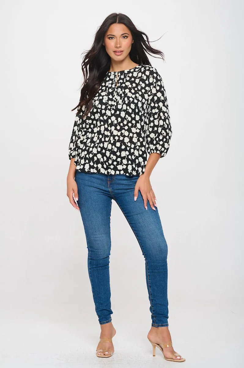 Sophia Three Quarter Balloon Sleeve Tie-Neck Printed Everyday Blouse