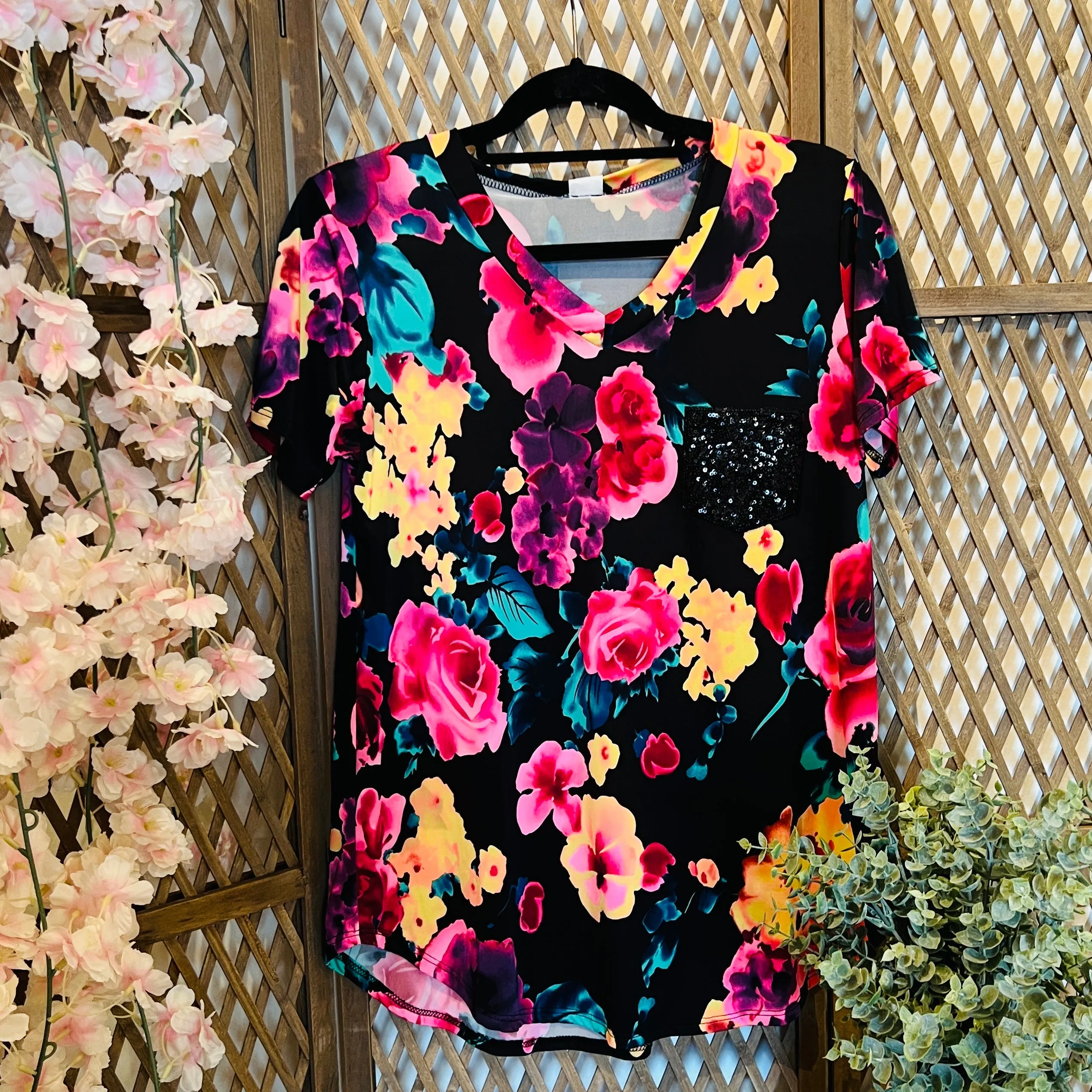 Statement Sequin Pocket Floral Top