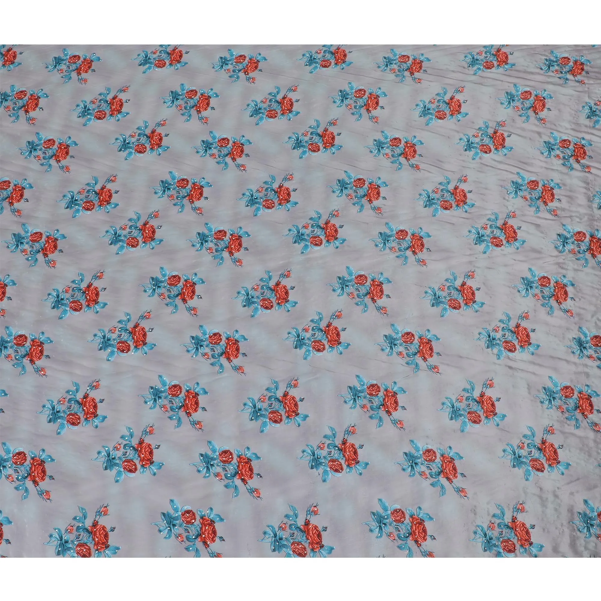 Steel grey synthetic crepe fabric with multicolor print having stone work in floral design-D15302