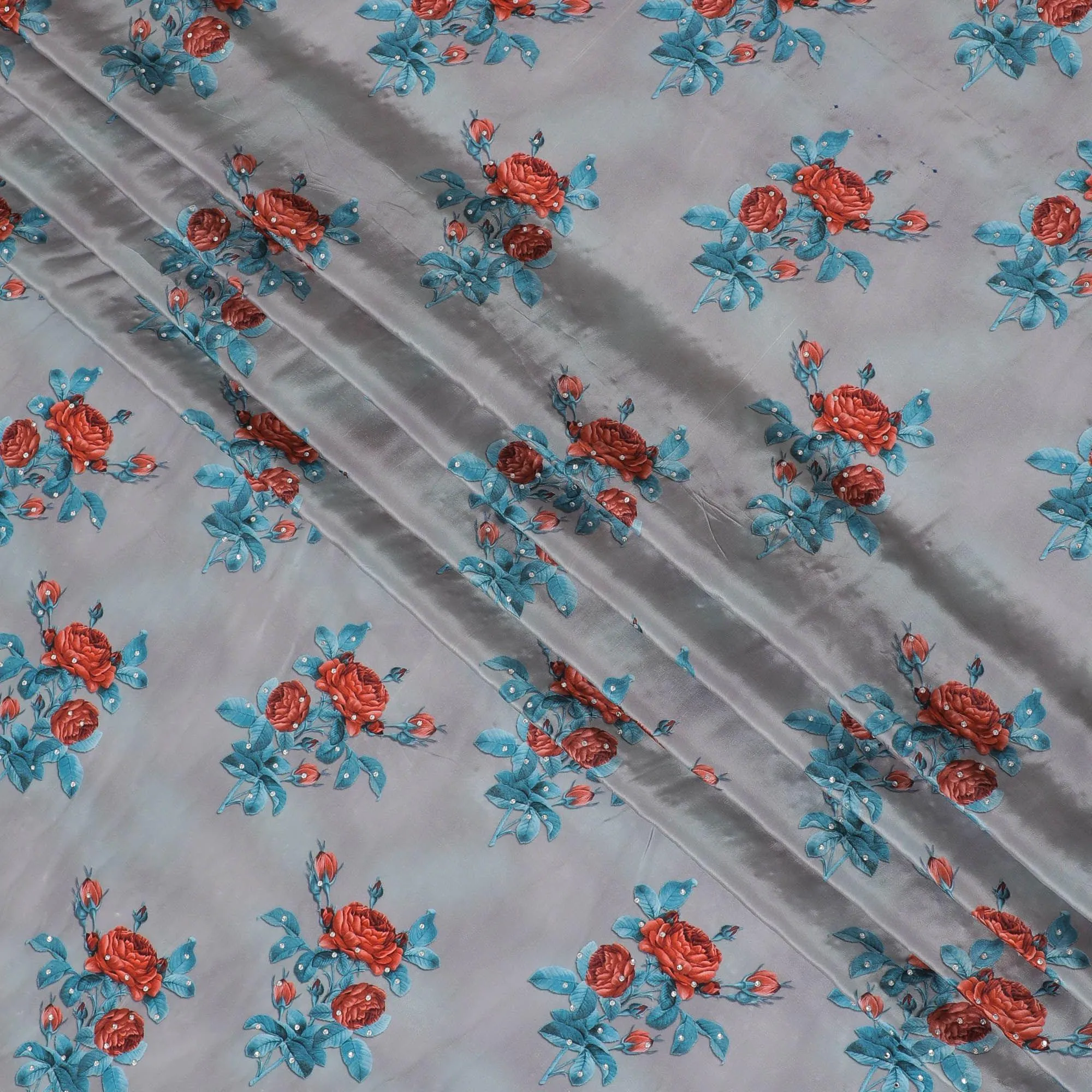 Steel grey synthetic crepe fabric with multicolor print having stone work in floral design-D15302