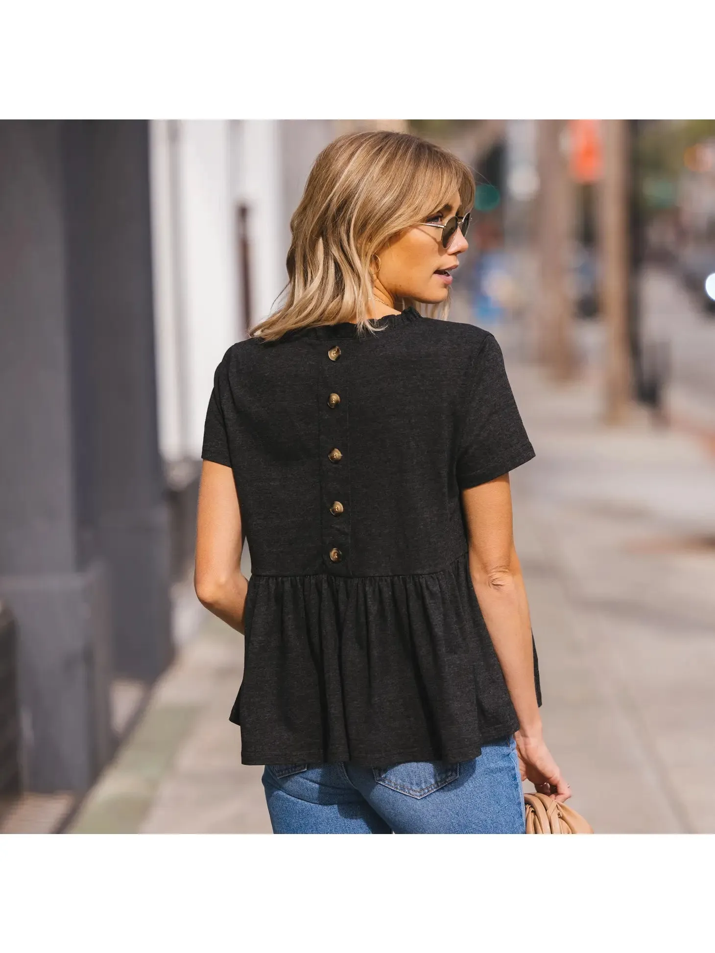 Summer Frills Button Back Black Top