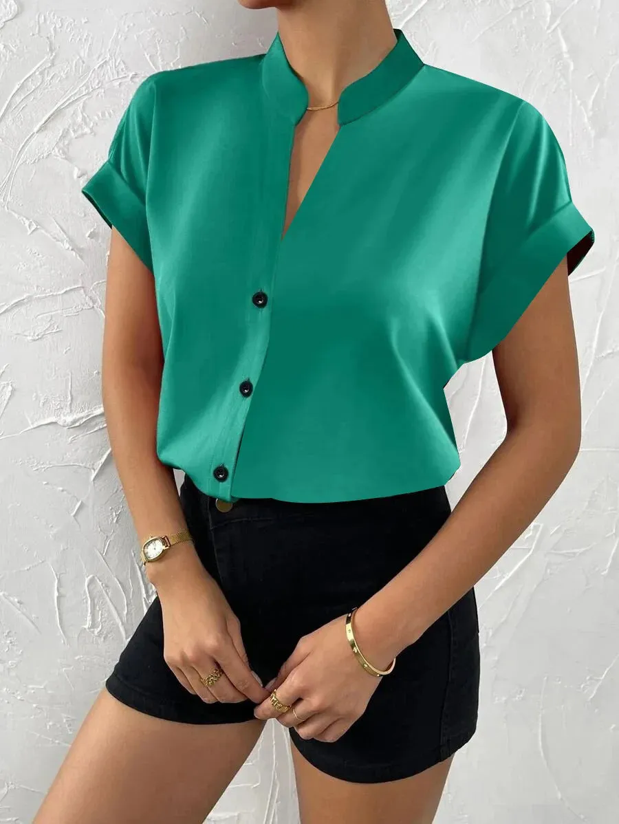 Summer Minimalist Women's V-neck Shirt 2023 Elegant Women's Satin Red Short Sleeved Single Breasted Casual Fitting Office Shirt