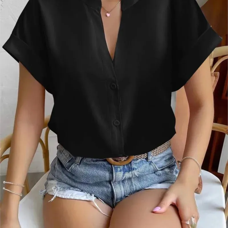 Summer Minimalist Women's V-neck Shirt 2023 Elegant Women's Satin Red Short Sleeved Single Breasted Casual Fitting Office Shirt