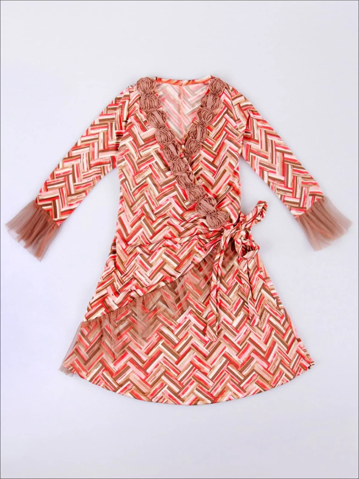 Sweet N' Chic Taupe and Pink Chevron Trim Wrap Dress