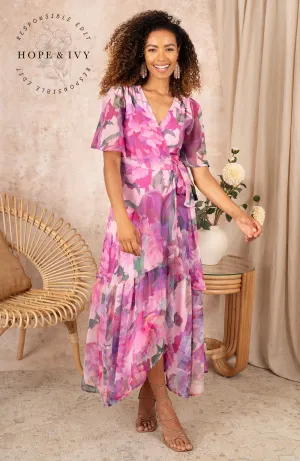 THE TESSA FLUTTER SLEEVE MAXI WRAP DRESS (PINK/PURPLE) CURVE