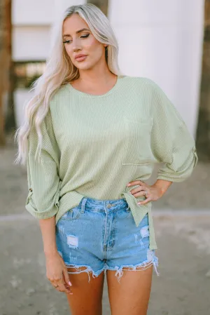 Threaded Pear:   Jade Ribbed Roll-tab Sleeve Chest Pocket Oversized Top