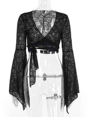 Victorian Goth Style Black Bell Sleeves Lace Tied Cardigan