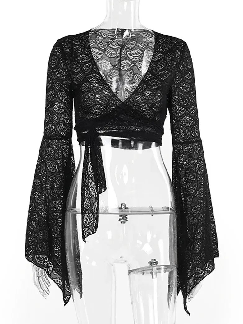 Victorian Goth Style Black Bell Sleeves Lace Tied Cardigan