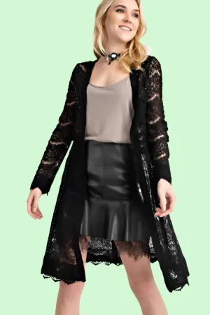 Vocal Suede Lace Scallop Hem Cardigan - Black