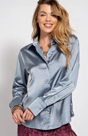 Washed Satin LS Button Down Top