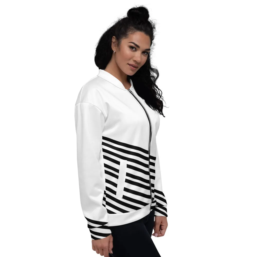 White Black Striped Bomber Jacket, Modern Unisex Fit Jacket For Men/Women-Made in EU