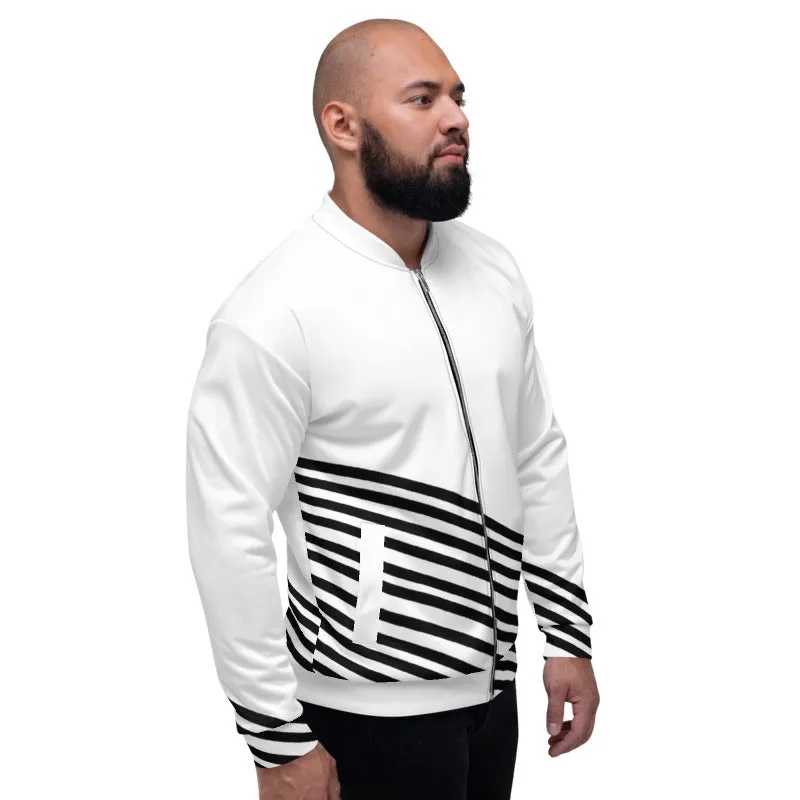 White Black Striped Bomber Jacket, Modern Unisex Fit Jacket For Men/Women-Made in EU