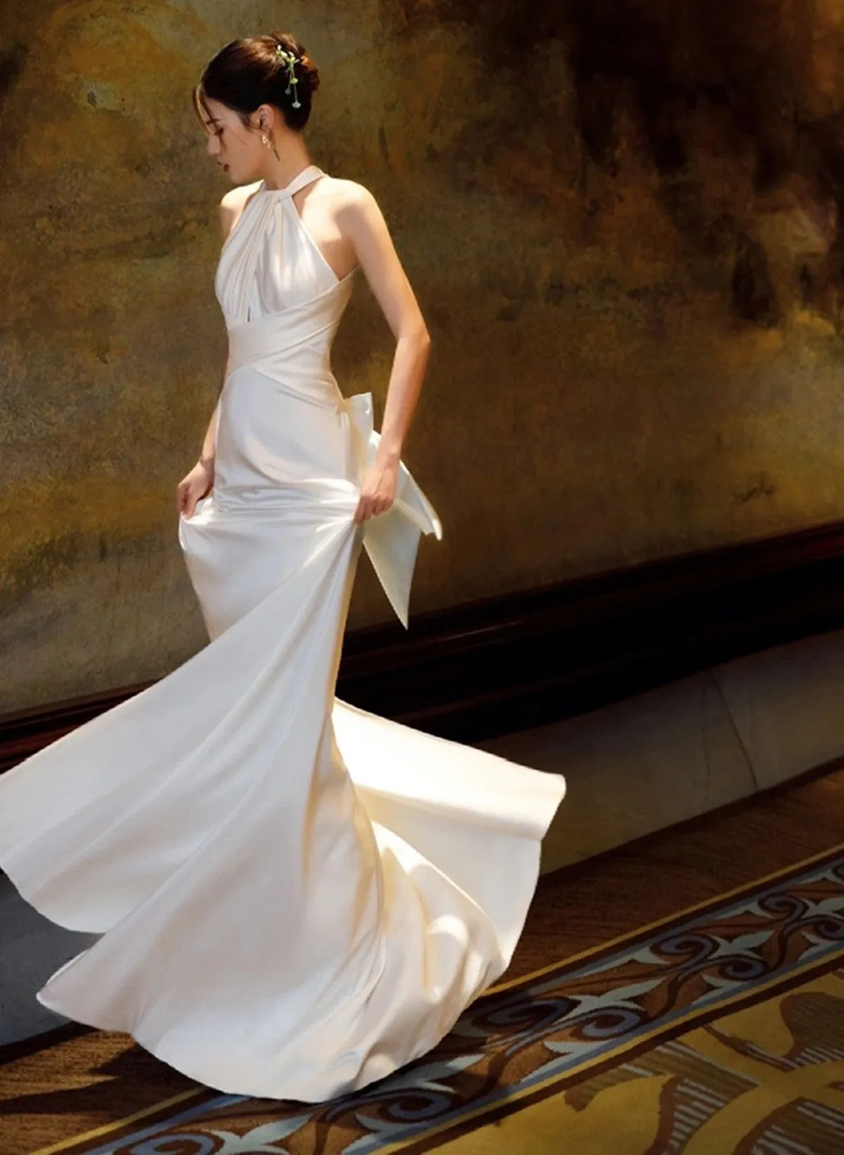 White Haler Satin Long Party Dress Wedding Party Dress, White Satin Evening Dress