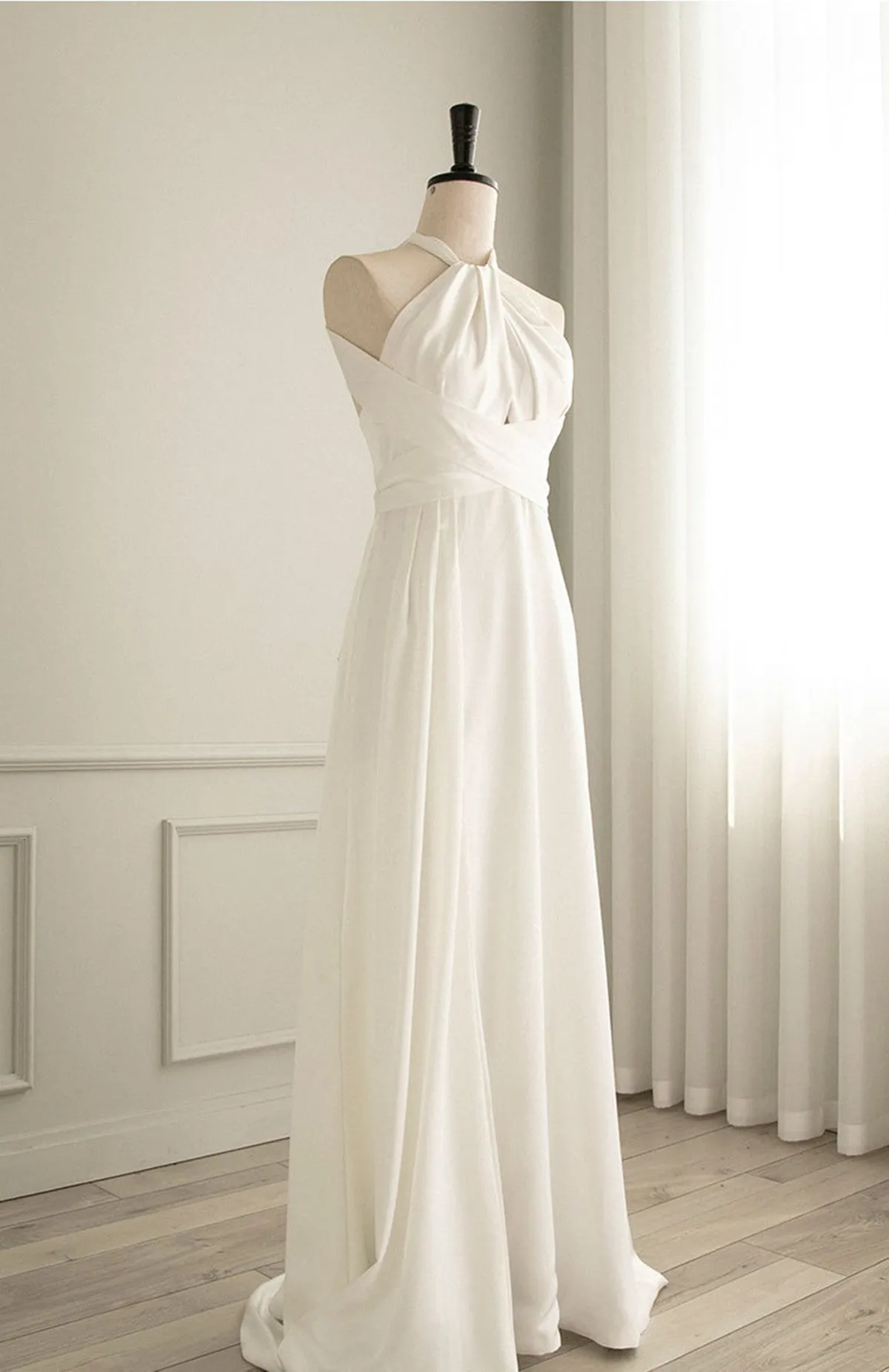 White Haler Satin Long Party Dress Wedding Party Dress, White Satin Evening Dress