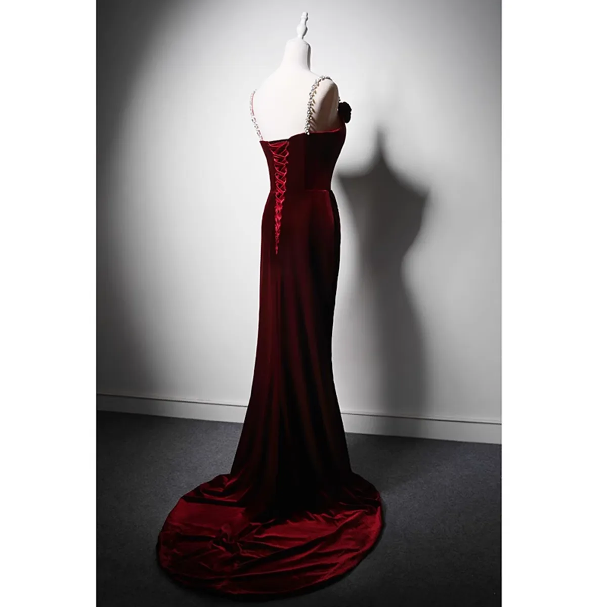 Wine Red Velvet Mermaid Long Straps Evening Dress, Wine Red Velvet Party Dress