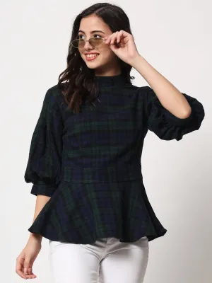 Women Blue Checked Peplum Top