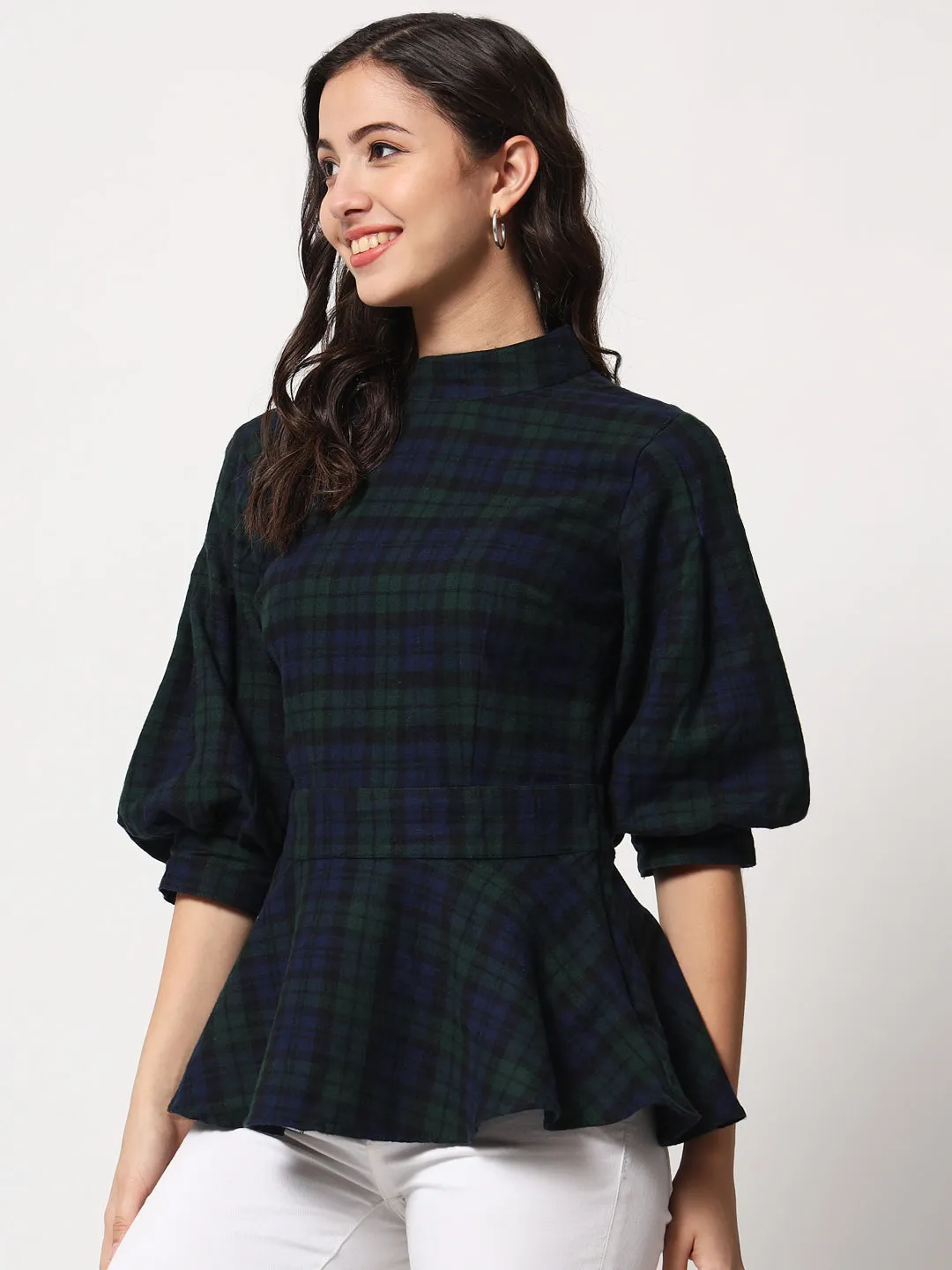 Women Blue Checked Peplum Top