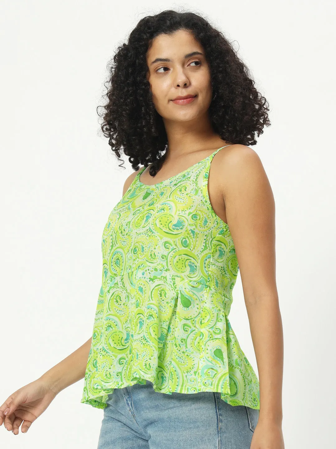 Women Floral Print Green Cotton Top