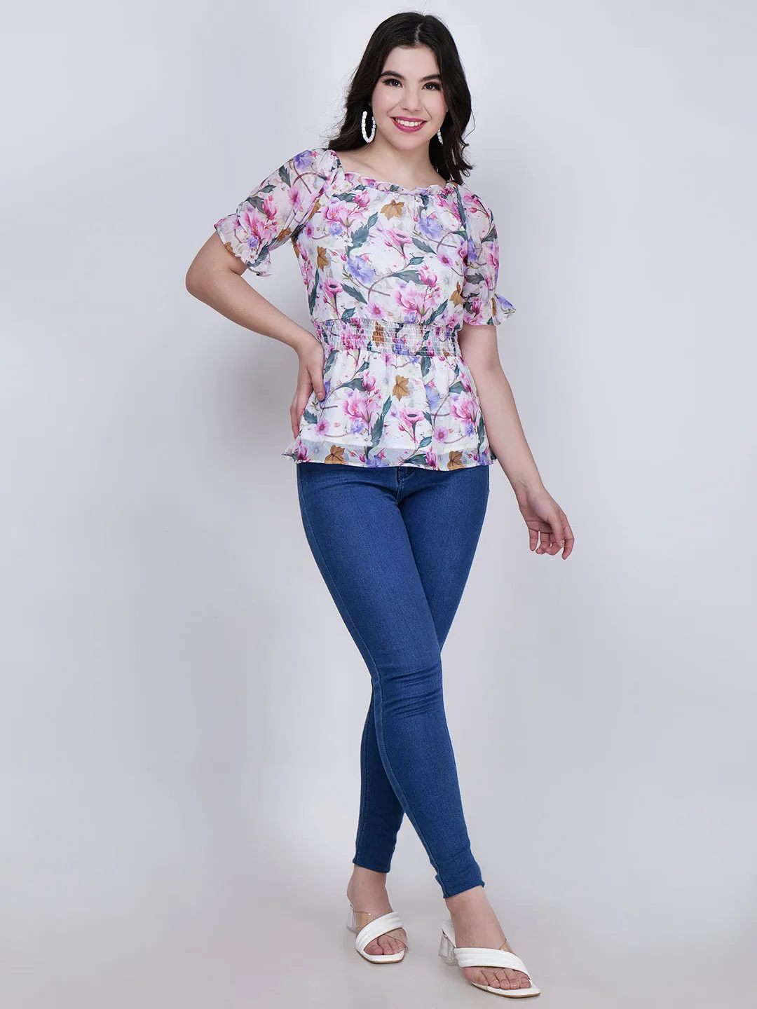 Women Floral Printed White Top