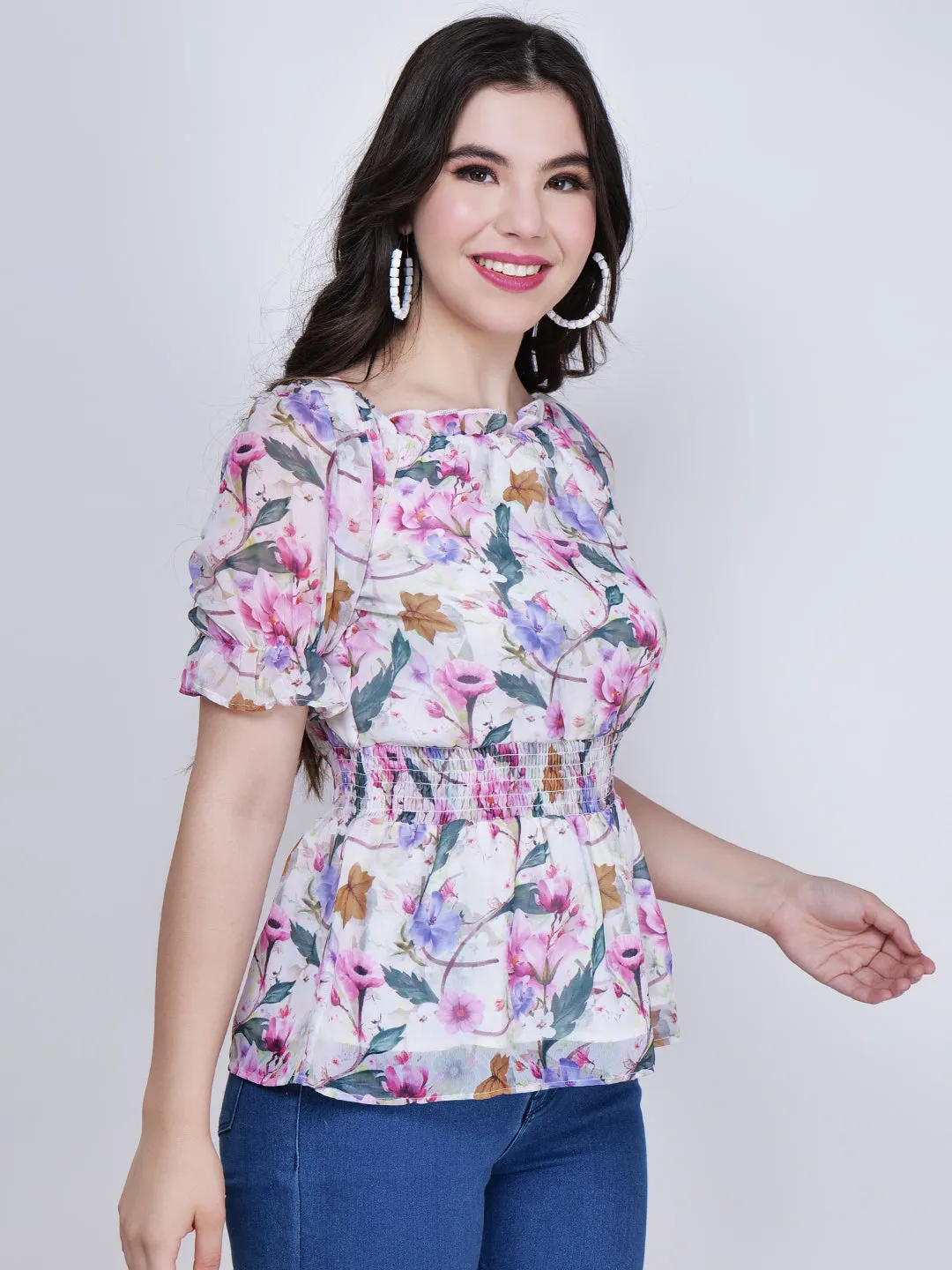 Women Floral Printed White Top