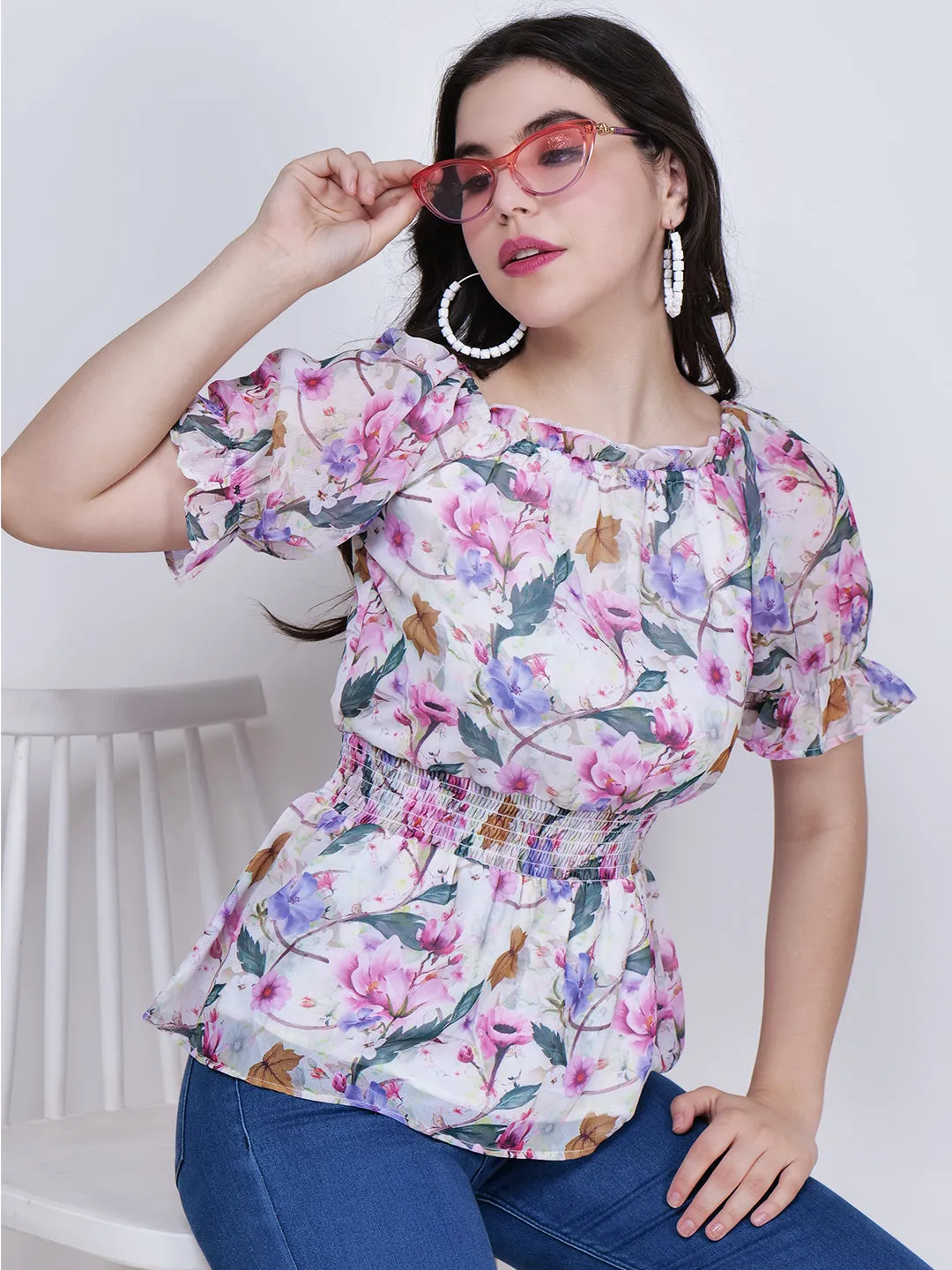 Women Floral Printed White Top