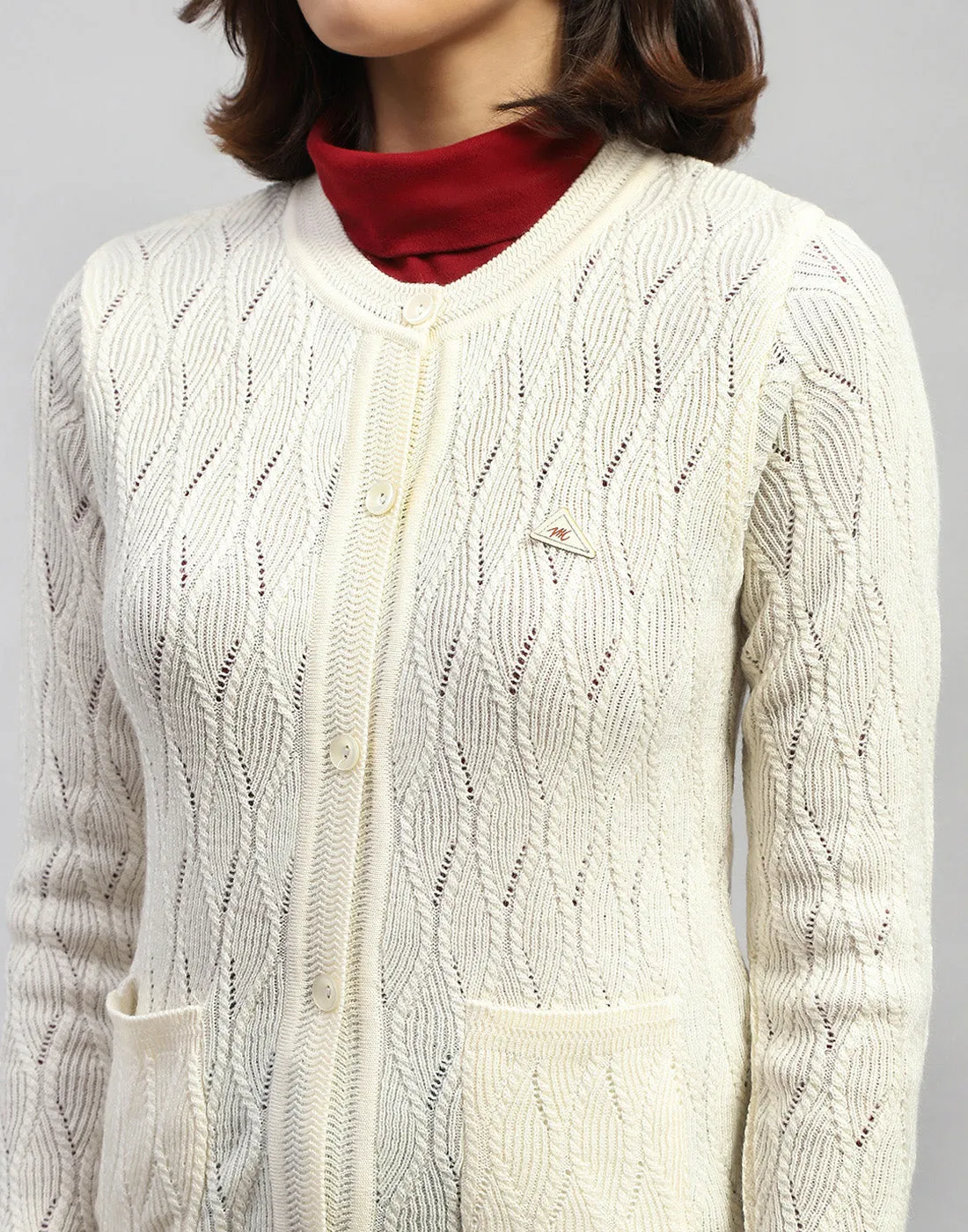 Women Off White Self Design Round Neck Full Sleeve Cardigan