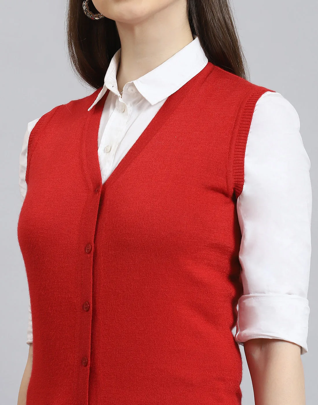 Women Red Solid Collar Sleeveless Cardigan