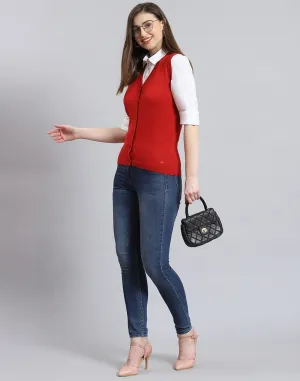 Women Red Solid Collar Sleeveless Cardigan