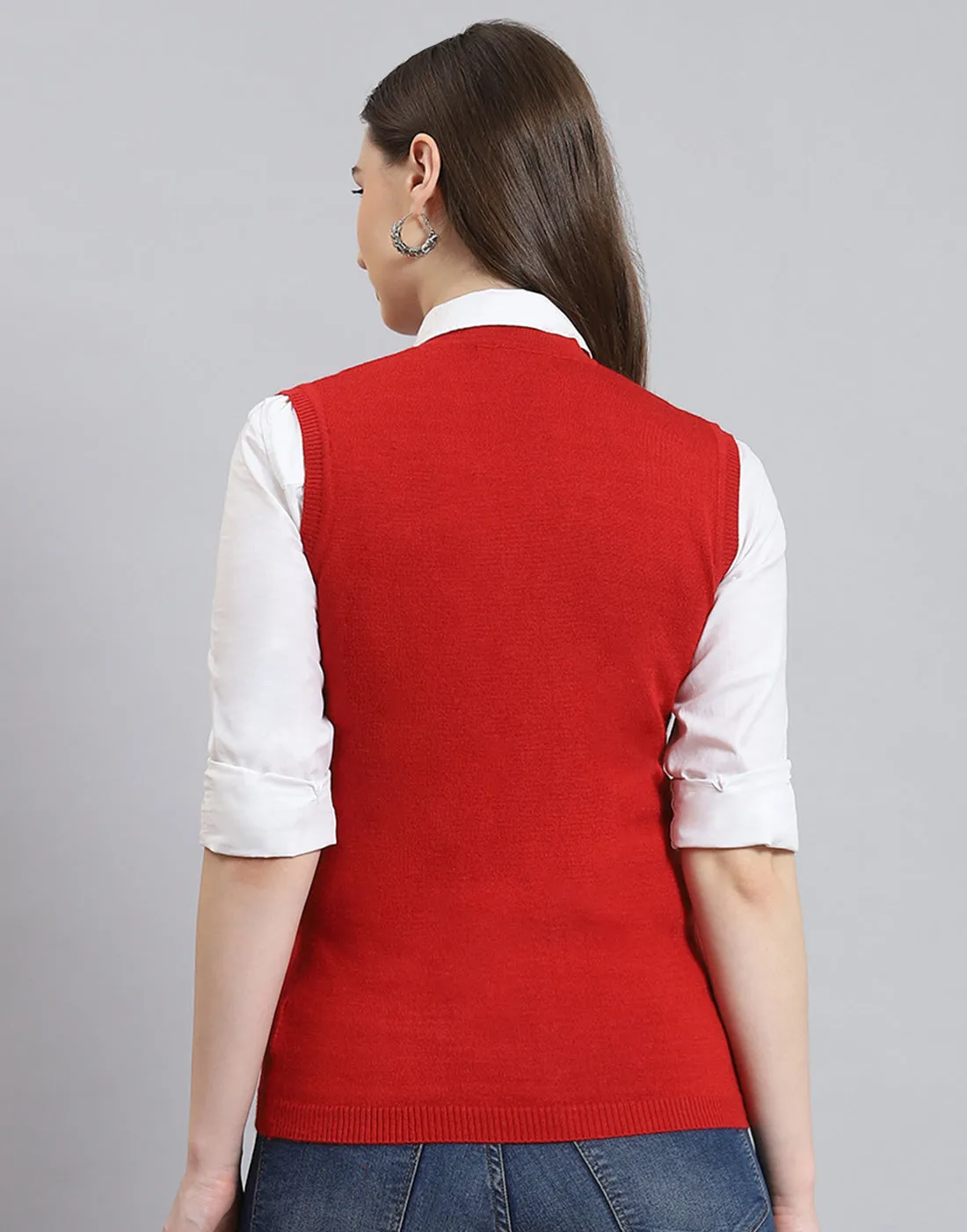 Women Red Solid Collar Sleeveless Cardigan