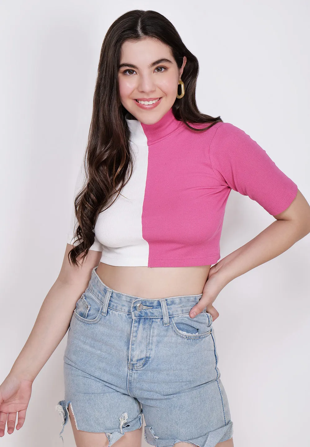 Women White & Pink High Neck Fitted Crop Top