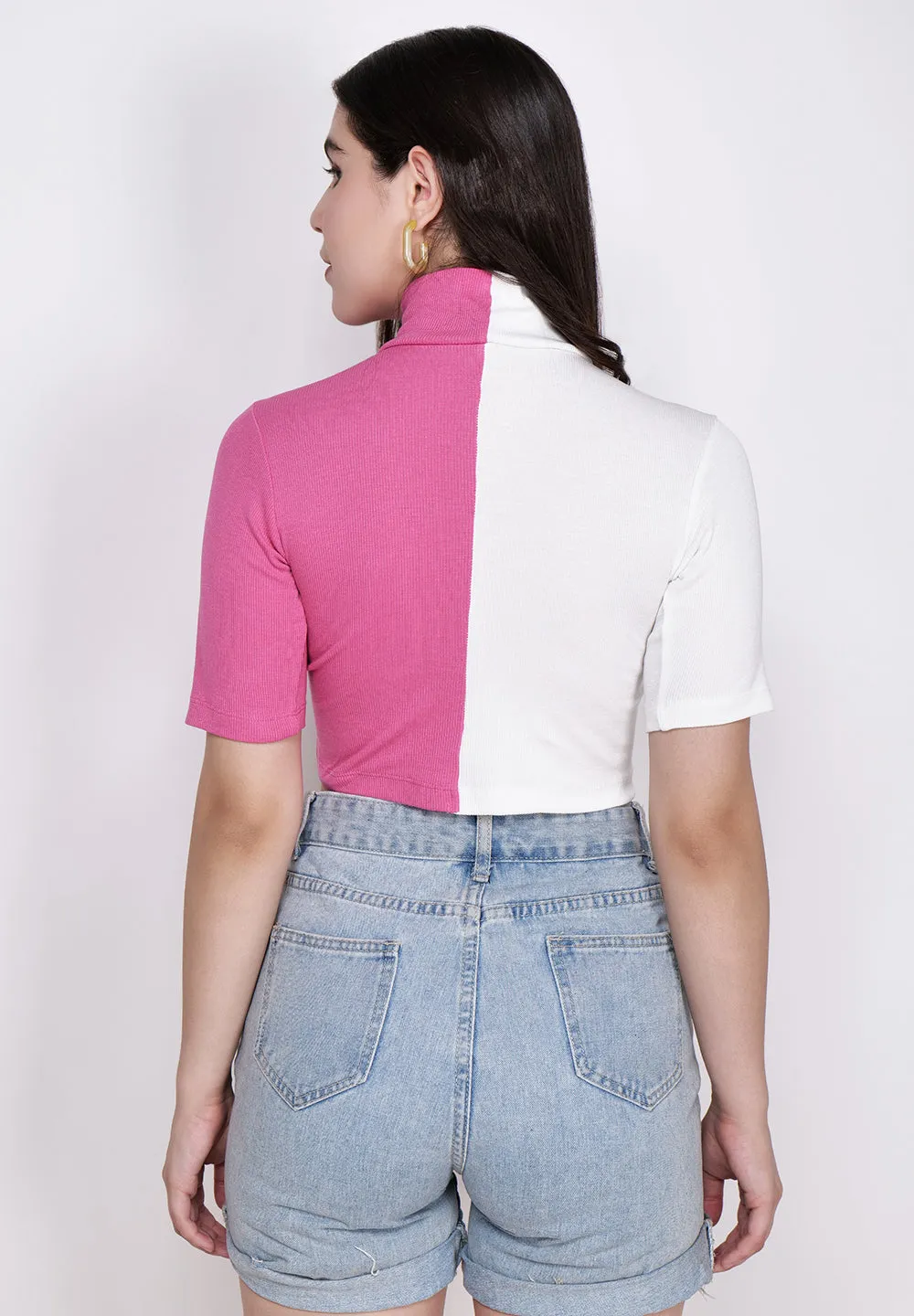 Women White & Pink High Neck Fitted Crop Top