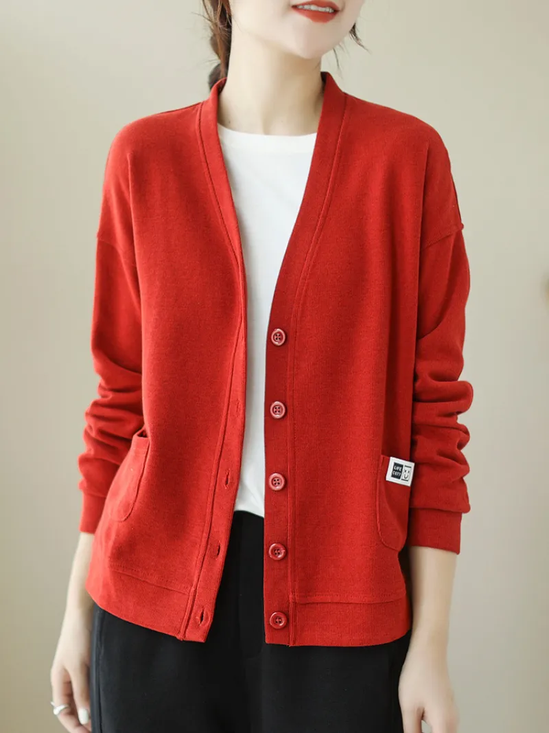 Women's V-Neck Long-Sleeved Sweater Top Loose Solid Color Cardigan Button Sweater Jacket