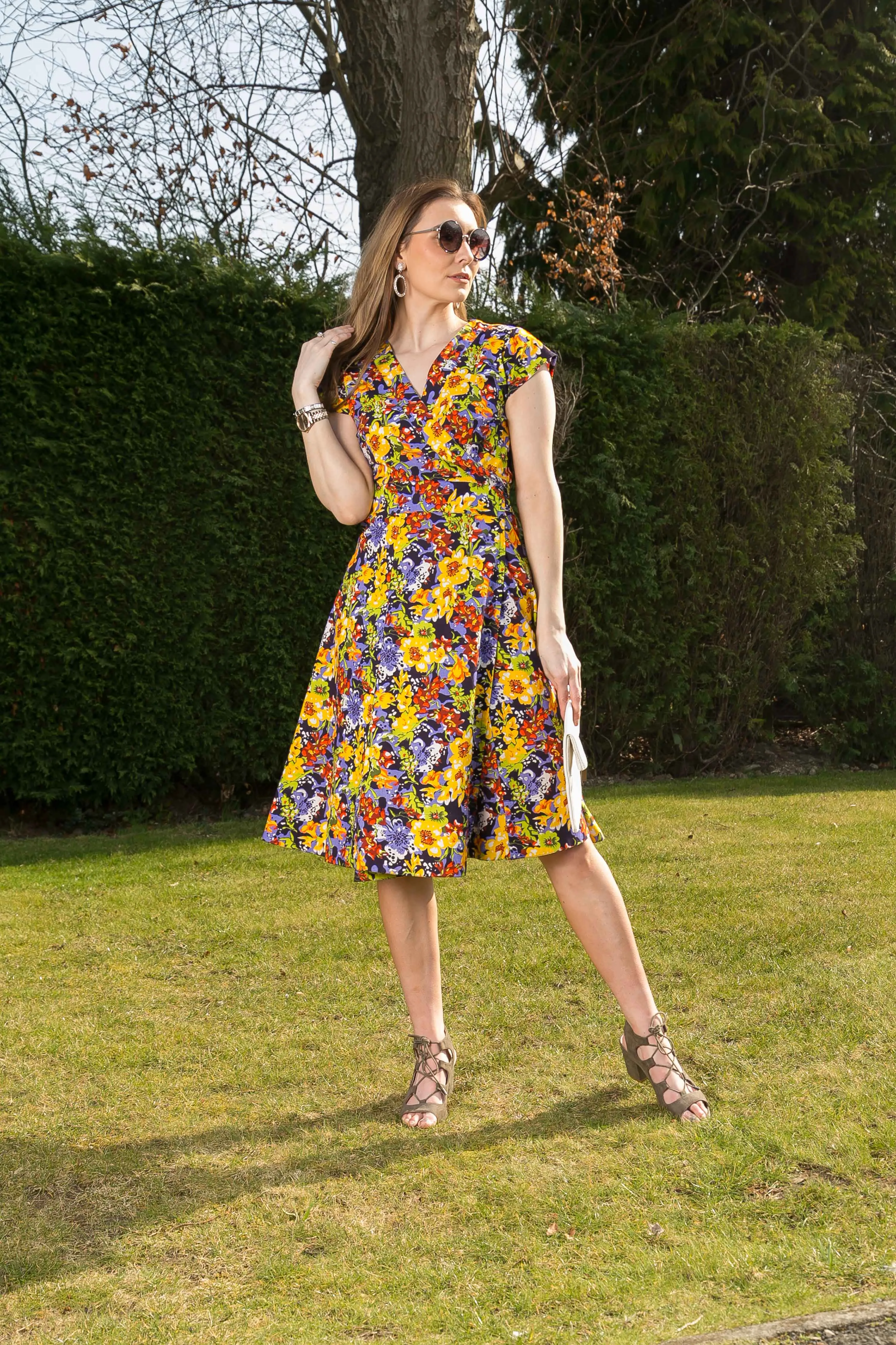 Wrap Cotton Dress Red Yellow Blue Floral Print