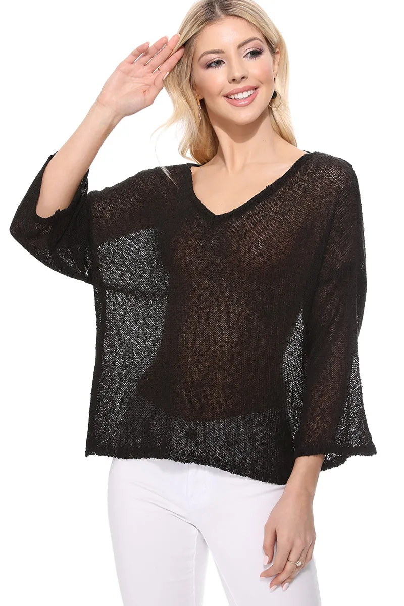 Yemak Women's Semi Sheer Open Back Batwing Sleeve Loose Knit Top MK3662