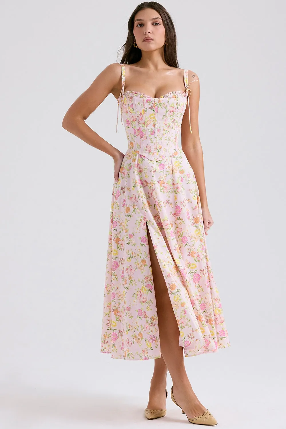 Zaya Pink Floral Print Cotton Midi Dress