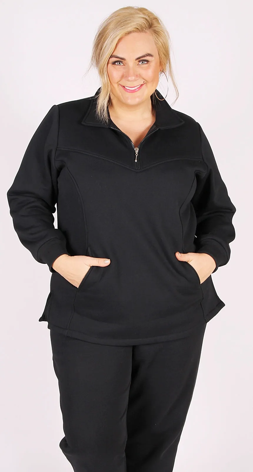 Zip Tab Chevron Stitch Fleece Top Black